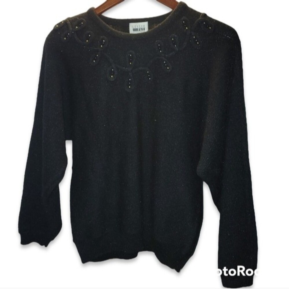 Vintage Leslie Fay Sportswear 80s Black Over Head Sweater Gold Detail M Medium